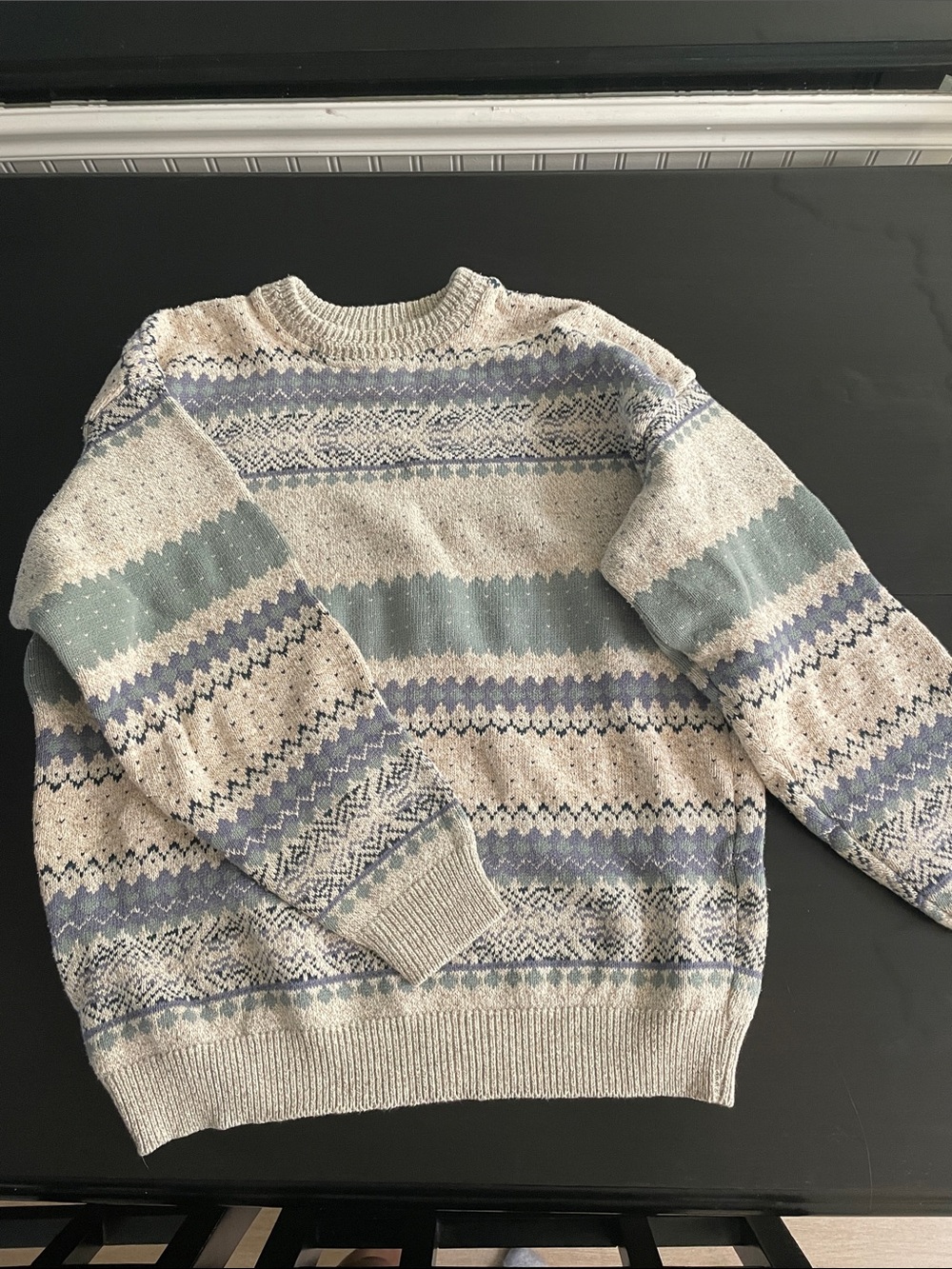 Vintage TT&CO Made in Canada Crewneck Sweater in Light Beige with Blue and Sage
